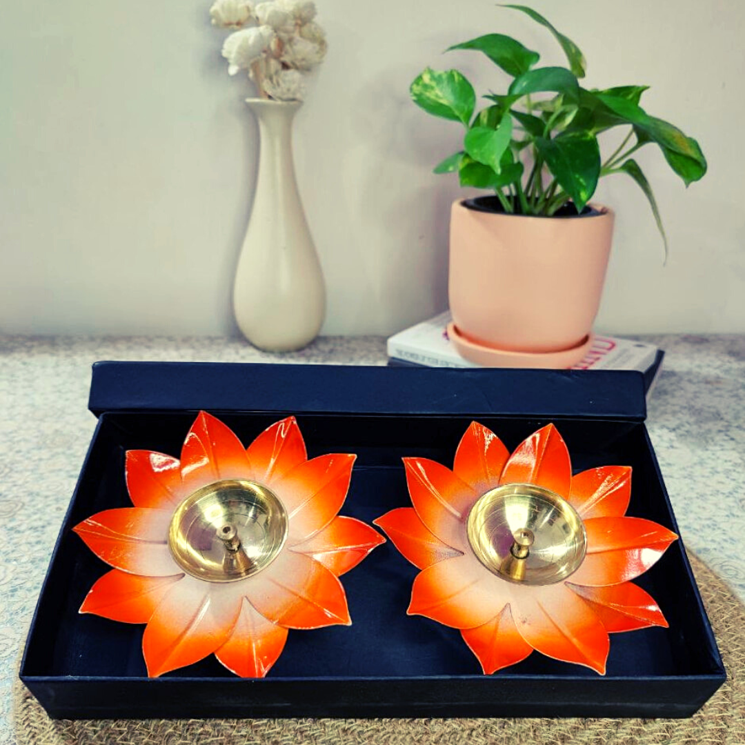 Homefrills Handicraft Brass Orange Colour Kamal Flower Pure Brass Stand Diya Combo for Puja Decoration Aarti Diwali and Festivals Diya(Set of 2)Size-5 Inch